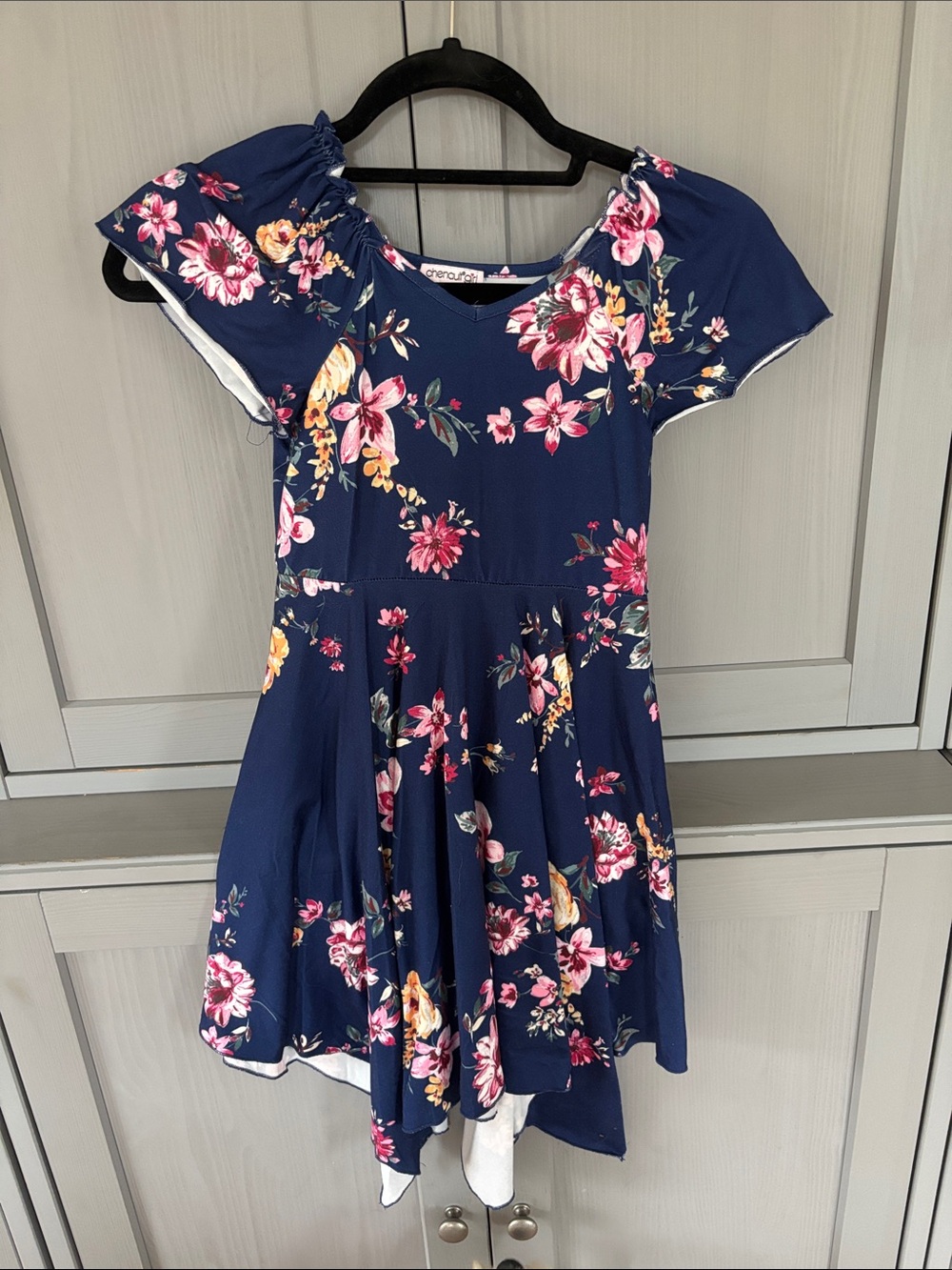 Chenault Navy Floral Short-Sleeve Twirl Dress